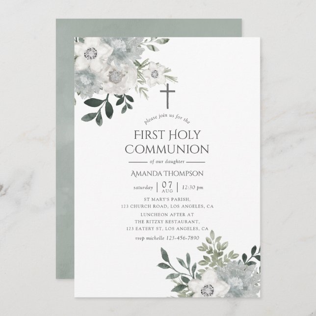 Watercolor Silver Sage Floral First Holy Communion Invitation (Front/Back)