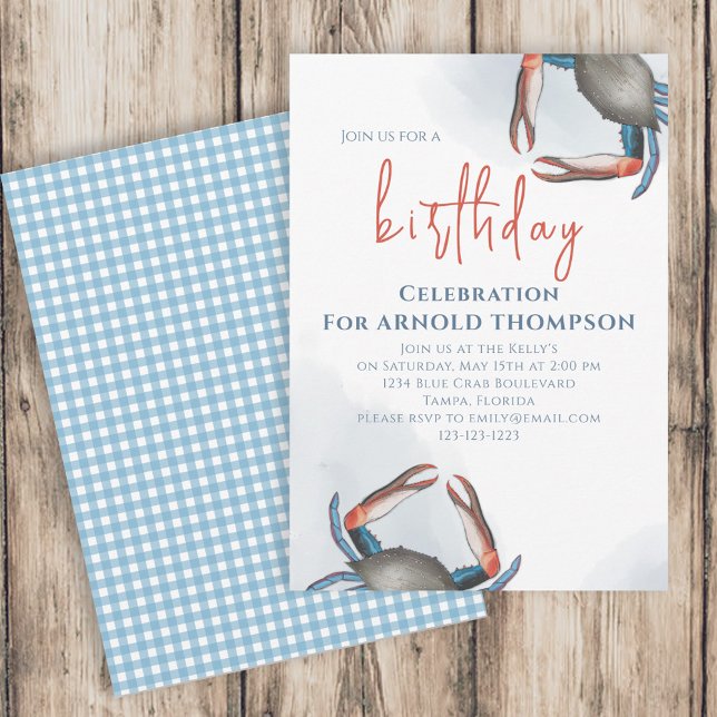 Watercolor Simple Birthday Blue Crab Ocean Coastal Invitation (Creator Uploaded)