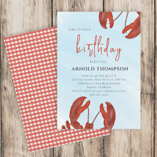 Watercolor Simple Birthday Red Lobster Coastal Invitation