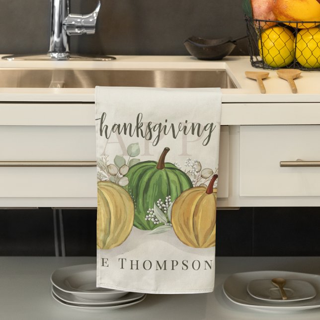 Watercolor Simple Pumpkin Gourd Happy Thanksgiving Tea Towel (Fall Happy Thanksgiving gourds custom kitchen towel)