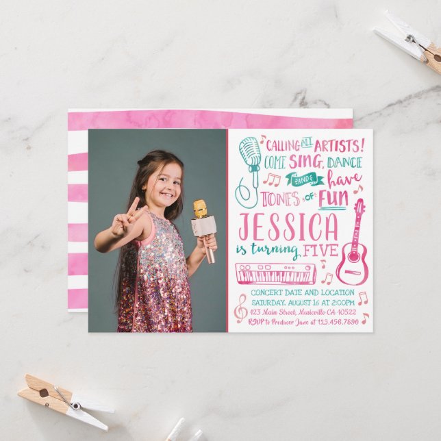 Watercolor Singer Invitation with Photo (Front/Back In Situ)