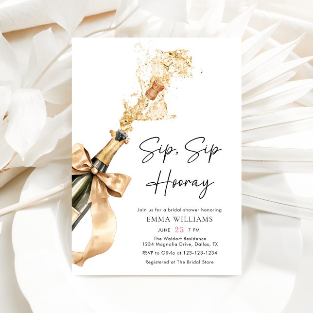 Watercolor Sip Sip Hooray Champagne Bridal Shower Invitation (Creator Uploaded)