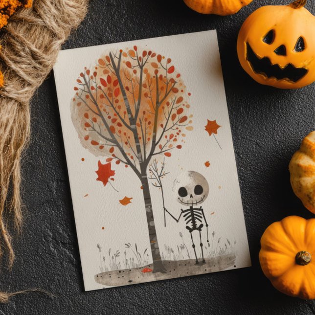  Watercolor Skeleton with Fall Tree Cute Halloween Postcard (Creator Uploaded)