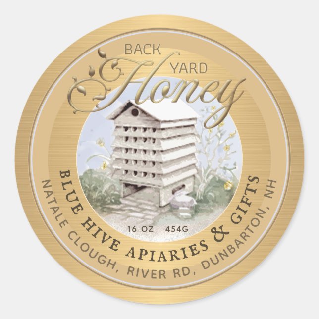 Watercolor Skep Metallic Gold Backyard Honey Label (Front)