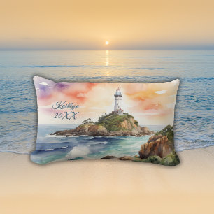 Watercolor Sketch Byron Bay Lighthouse Monogram   Lumbar Cushion
