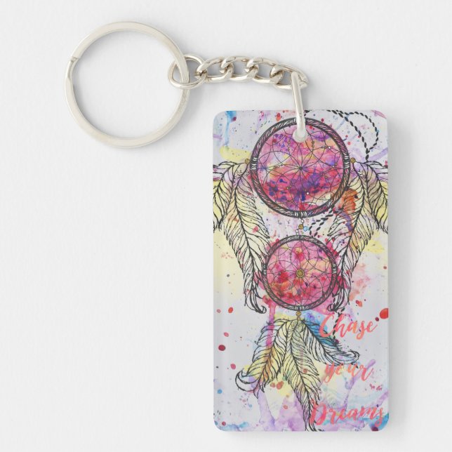 Watercolor sketch Dreamcatcher “Chase your Dreams” Key Ring (Front)