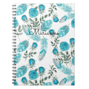 Watercolor sketched blue feathers flowers white bo notebook