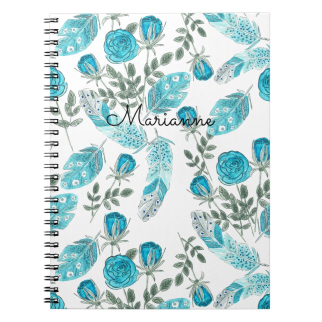 Watercolor sketched blue feathers flowers white bo notebook (Front)