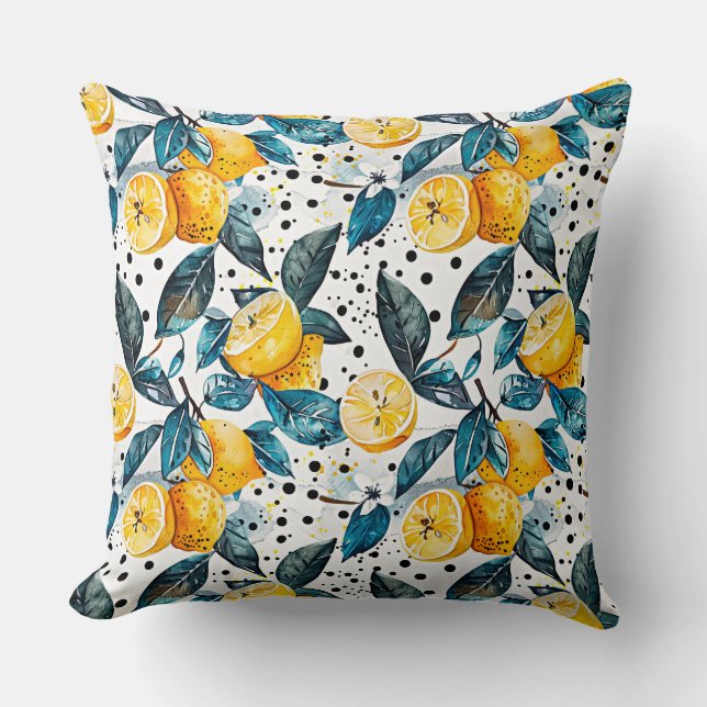 watercolor sketched detailed of blue leaves, lemon cushion (Front)