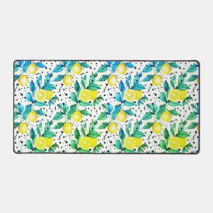 watercolor sketched detailed of blue leaves, lemon desk mat