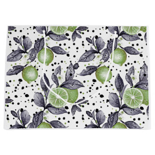 watercolor sketched detailed of green leaves, lime large gift bag