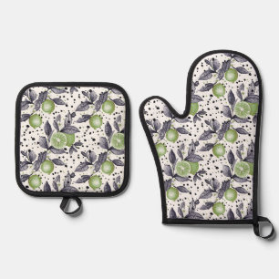 watercolor sketched detailed of green leaves, lime oven mitt & pot holder set