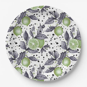 watercolor sketched detailed of green leaves, lime paper plate