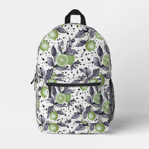 watercolor sketched detailed of green leaves, lime printed backpack
