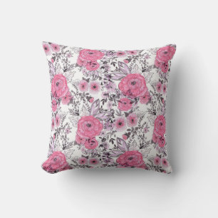Watercolor sketched pink flowers light white backg cushion