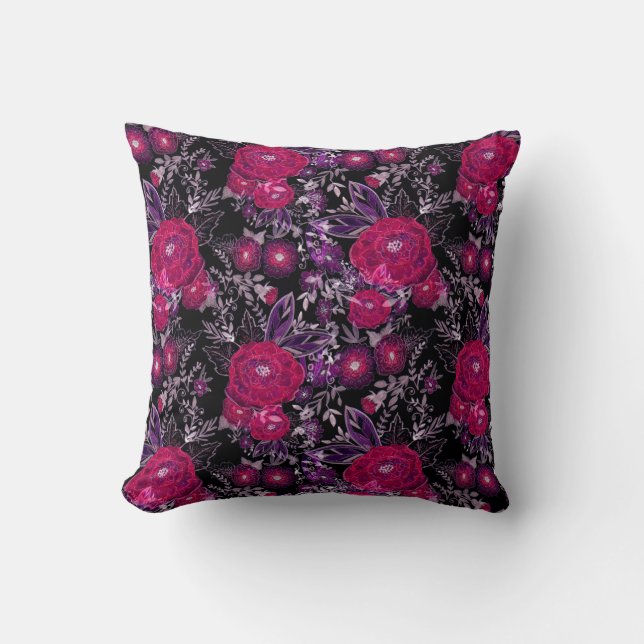 Watercolor sketched purple flowers dark black back cushion (Front)