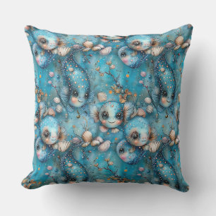 Watercolor sketched surreal monster fish, fairy cr cushion