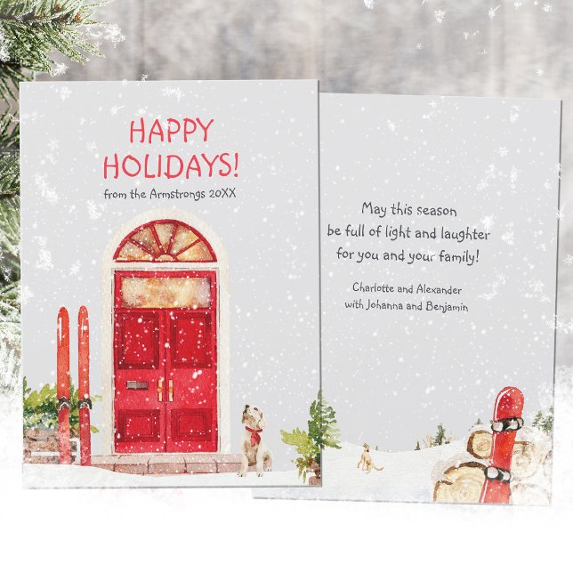 Watercolor Ski Dog Red Door Scene Holiday Card (Watercolor Ski Dog Red Door Scene Holiday Card ©Susanne Sachers - Sunny Mind Design 🌞)