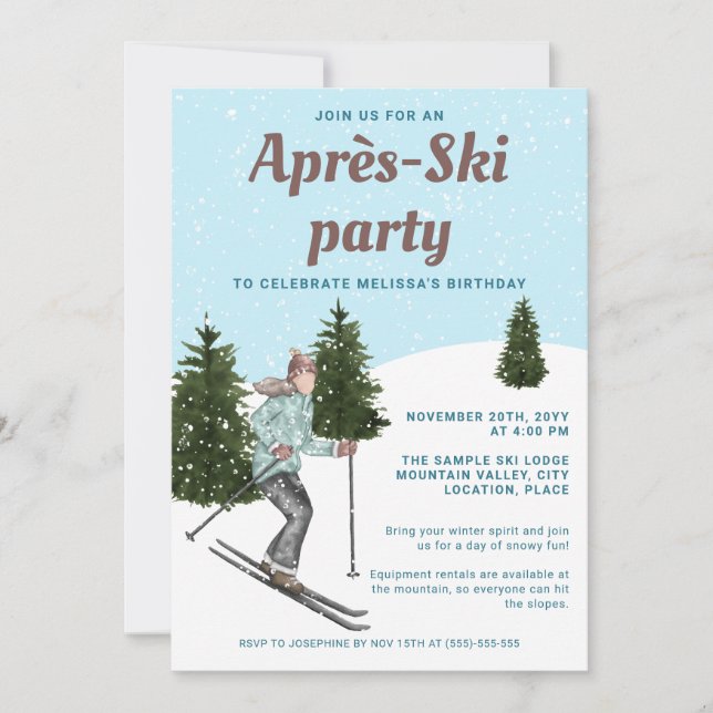Watercolor Ski Girl Fun Après-Ski Birthday Party Invitation (Front)