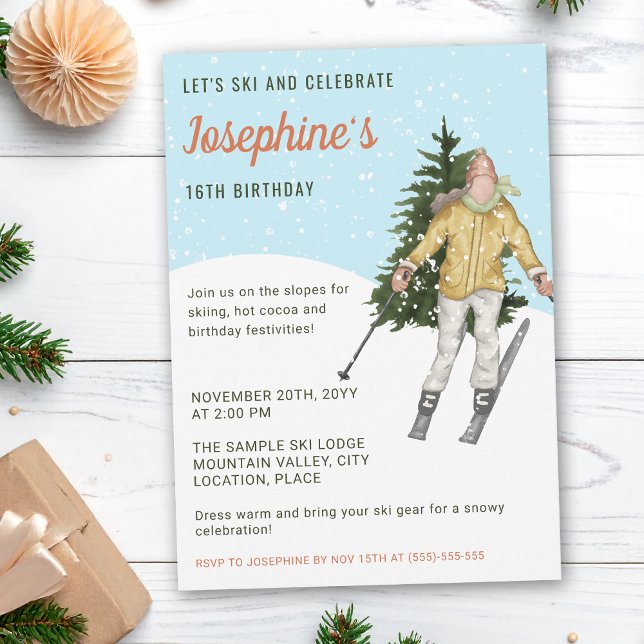 Watercolor Ski Girl Winter Skiing Birthday Party Invitation (Creator Uploaded)