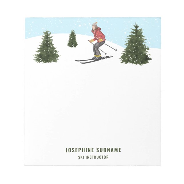 Watercolor Skier Woman In Winter Ski Instructor Notepad (Front)