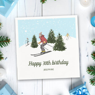 Watercolor Skier Women Winter Birthday Party Napkin
