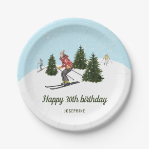 Watercolor Skiers Custom Ski Trip Birthday Party Paper Plate