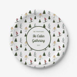 Watercolor Skiers Pattern Winter Ski Cabin Party Paper Plate