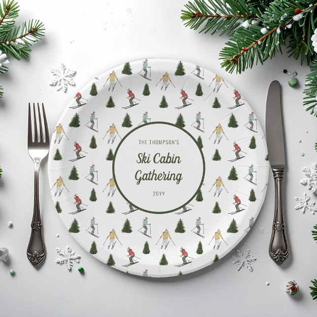 Watercolor Skiers Pattern Winter Ski Cabin Party Paper Plate (Creator Uploaded)