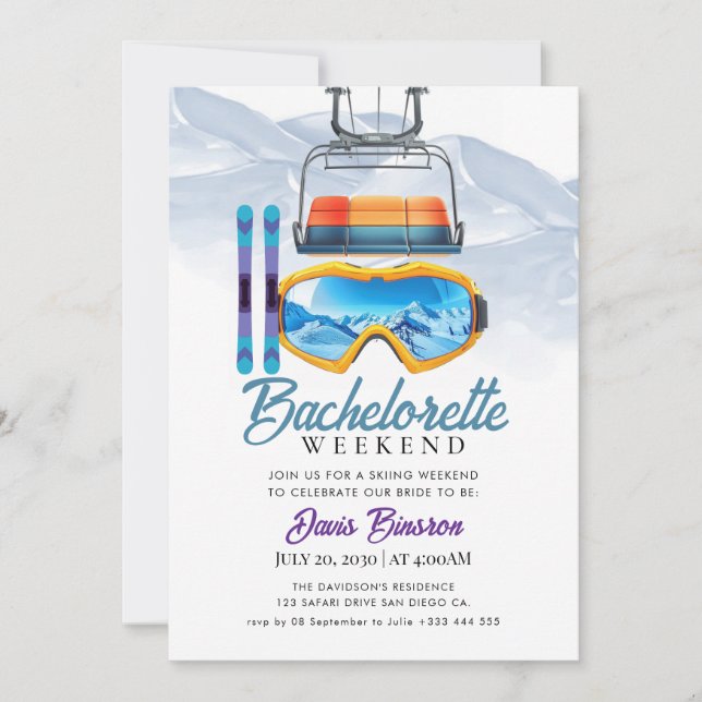 watercolor skiing bachelorette weekend invitation (Front)