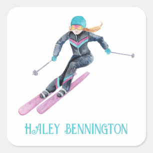 Watercolor Skiing Personalised Square Sticker