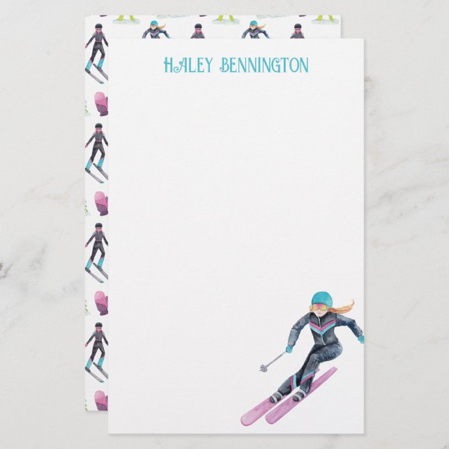Watercolor Skiing Personalised Stationery (Front/Back)