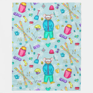 Watercolor Skiing Pika with gear on Blue Snow Fleece Blanket