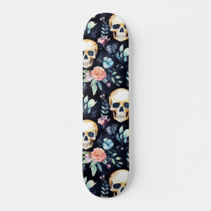 Watercolor Skull and Roses Gothic Pattern Skateboard