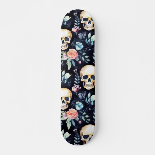 Watercolor Skull and Roses Gothic Pattern Skateboard (Front)