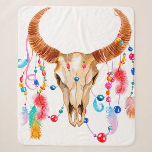 Watercolor skull iaolated on white sherpa blanket