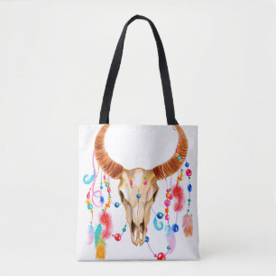 Watercolor skull iaolated on white tote bag
