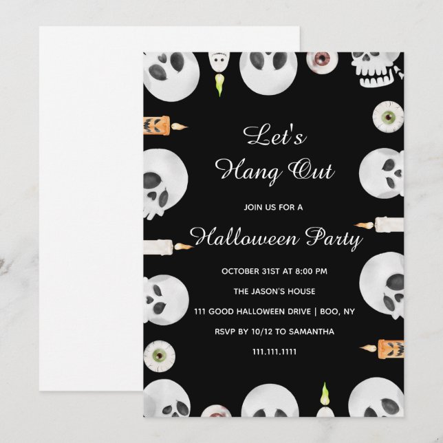 Watercolor Skull Let's Hang Out Halloween Party Invitation (Front/Back)