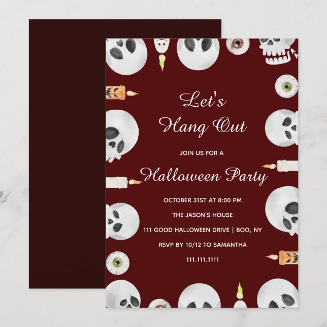 Watercolor Skull Let's Hang Out Halloween Party Invitation (Front/Back)