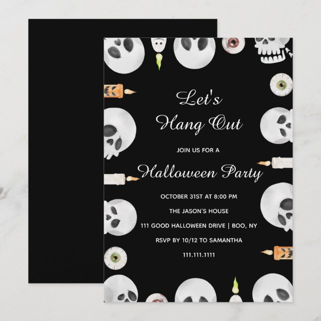 Watercolor Skull Let's Hang Out Halloween Party Invitation (Front/Back)