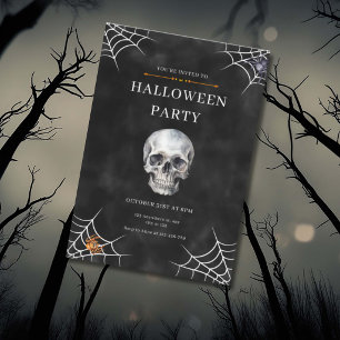 Watercolor Skull & Spider Web Halloween Invitation