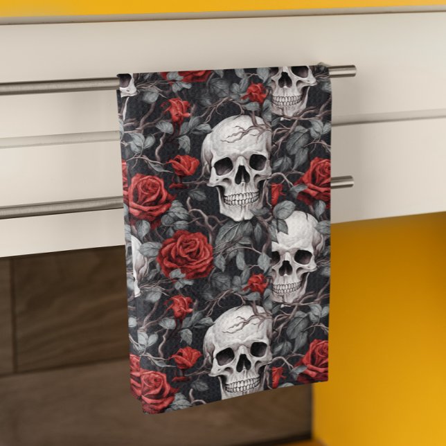 Watercolor Skulls and Roses Red Grey  Tea Towel (Creator Uploaded)