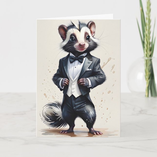 Watercolor Skunk Tuxedo Black Tie Handkerchief  Card (Front)