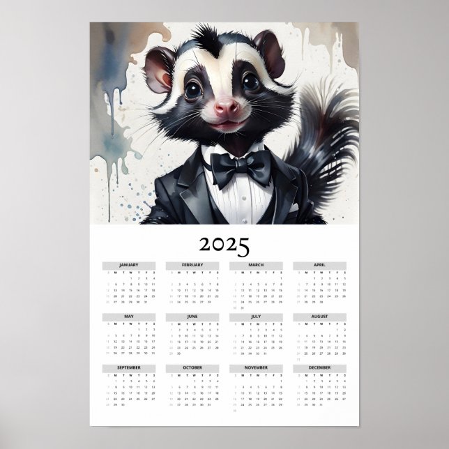 Watercolor Skunk Tuxedo Bow Tie 2025 Wall Calendar Poster (Front)