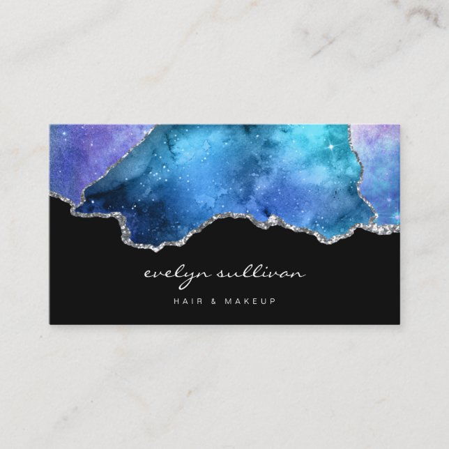 watercolor sky agate on black business card (Front)