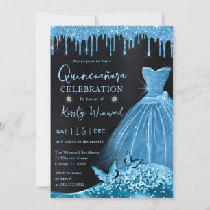 Watercolor Sky Blue Glitter Dress Quinceanera Invitation