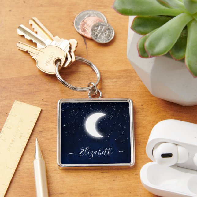 Watercolor Sky Celestial Moon Stars Key Ring (Desk)
