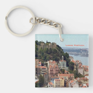 Watercolor Skyline of Lisbon Key Ring