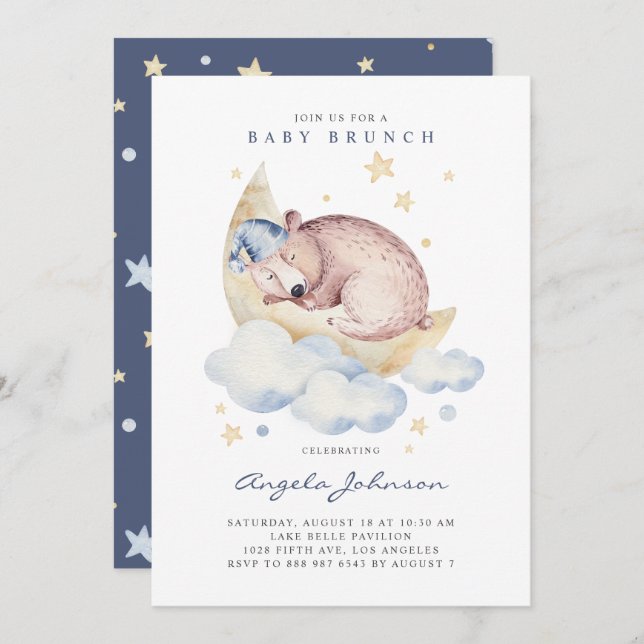 Watercolor Sleeping Baby Bear Baby Brunch Invitation (Front/Back)