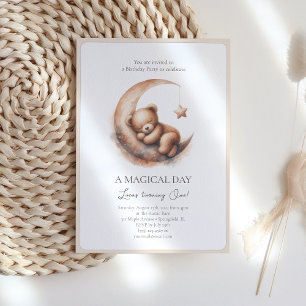 Watercolor Sleeping Brown Beige Bear on the Moon Invitation